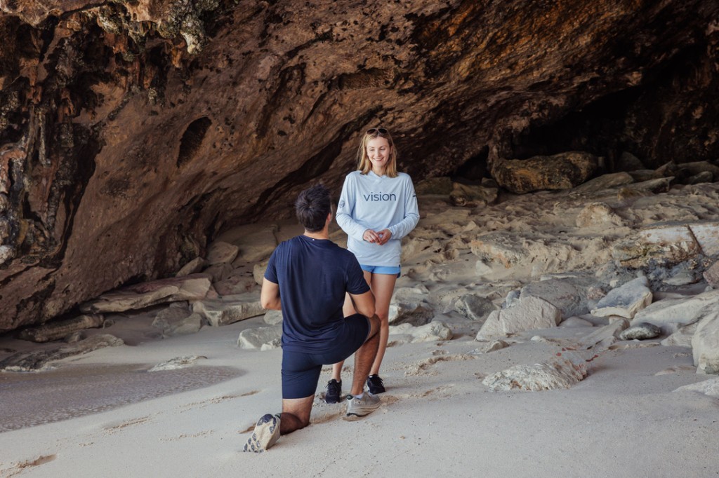 Meaghan and David at the proposal in Mudjin Harbor, Middle Caicos