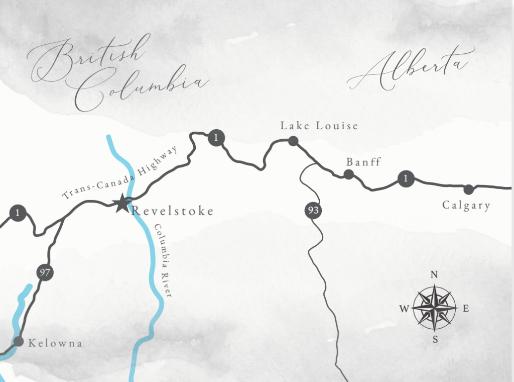 Map showing driving routes to Revelstoke from Calgary and Kelowna via the Trans-Canada Highway